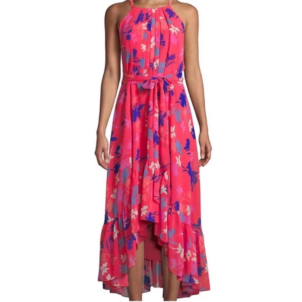 Vince Camuto Pink Coral Floral Printed Chiffon Halter High-Low Dress Size 6P